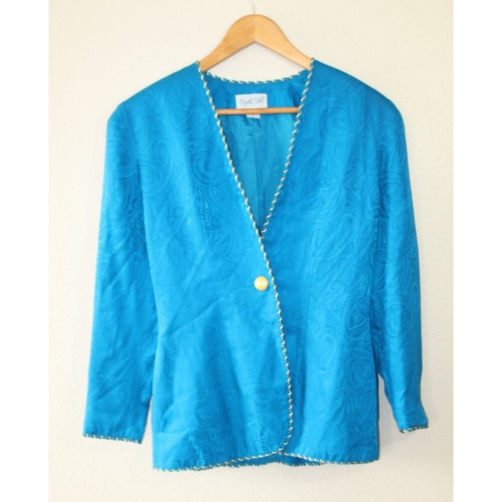 Papell Too Womens Blue Silk with Gold Trim Long Sleeve Jacket Blazer 4